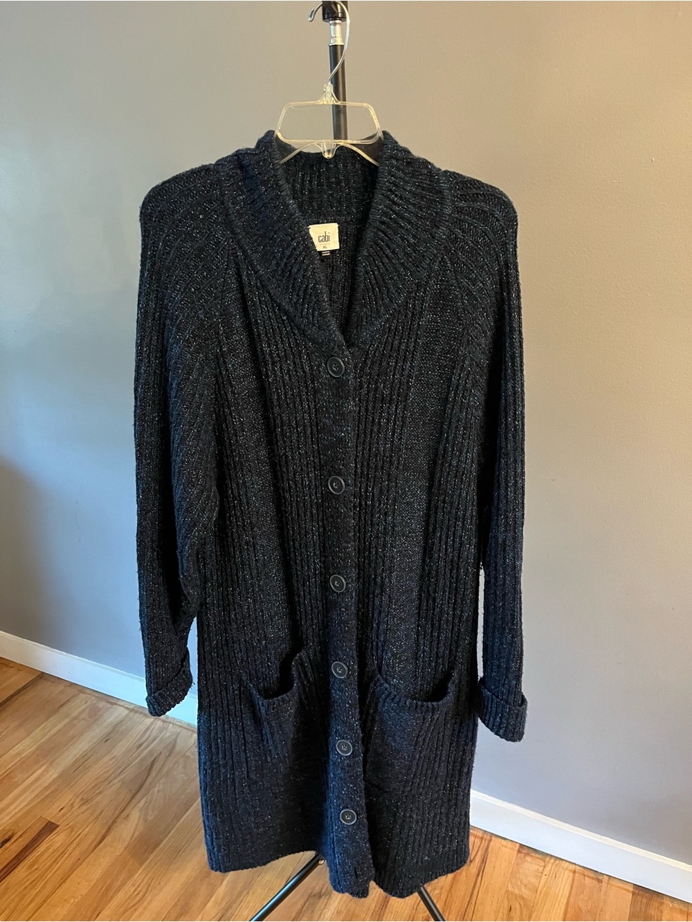 CAbi Blue Ribbed Shawl-Collar Button-Front Cardigan